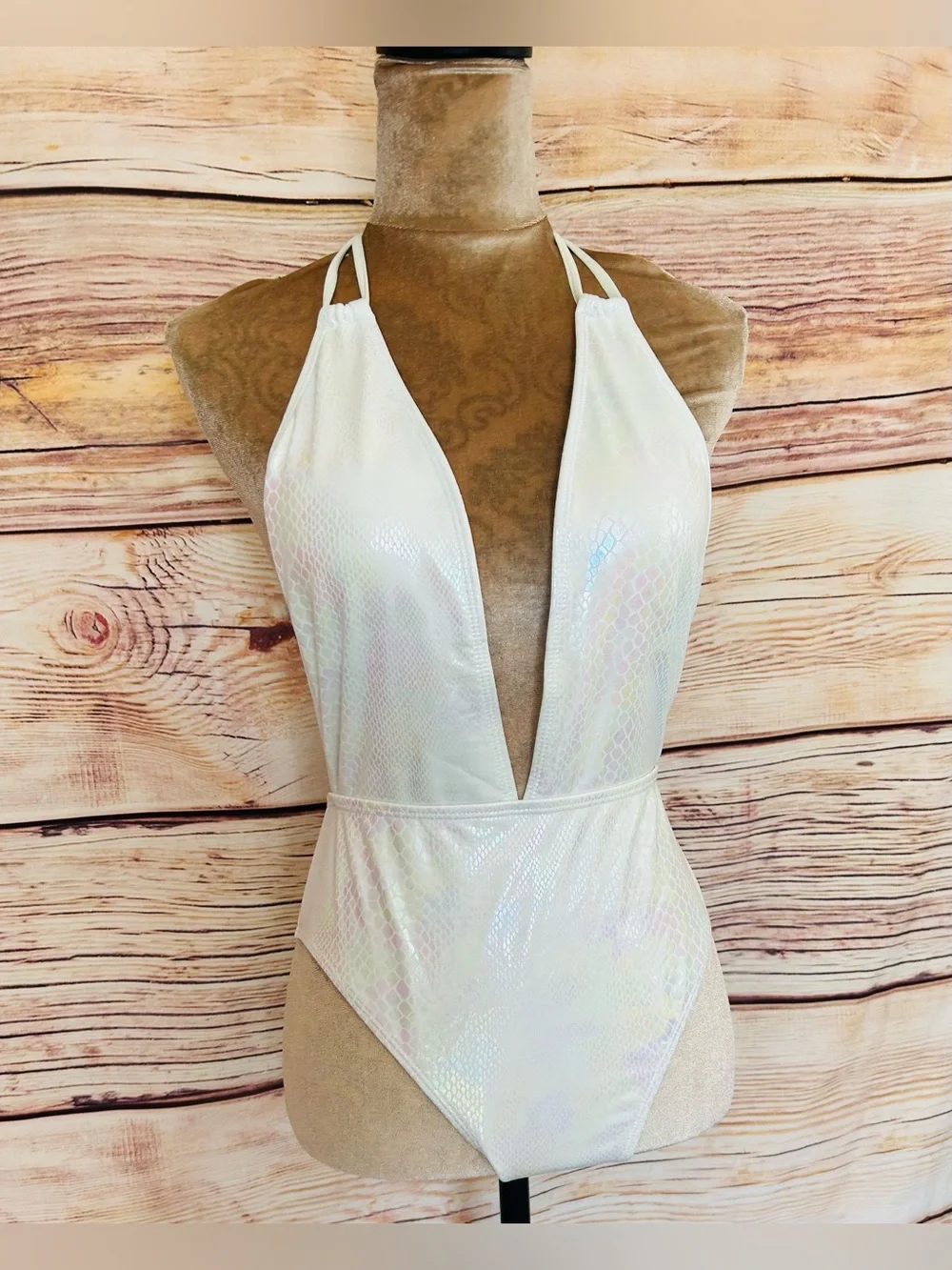SHEIN White Snakeskin Print Iridescence Plunging One-Piece Swim Suit L NWT